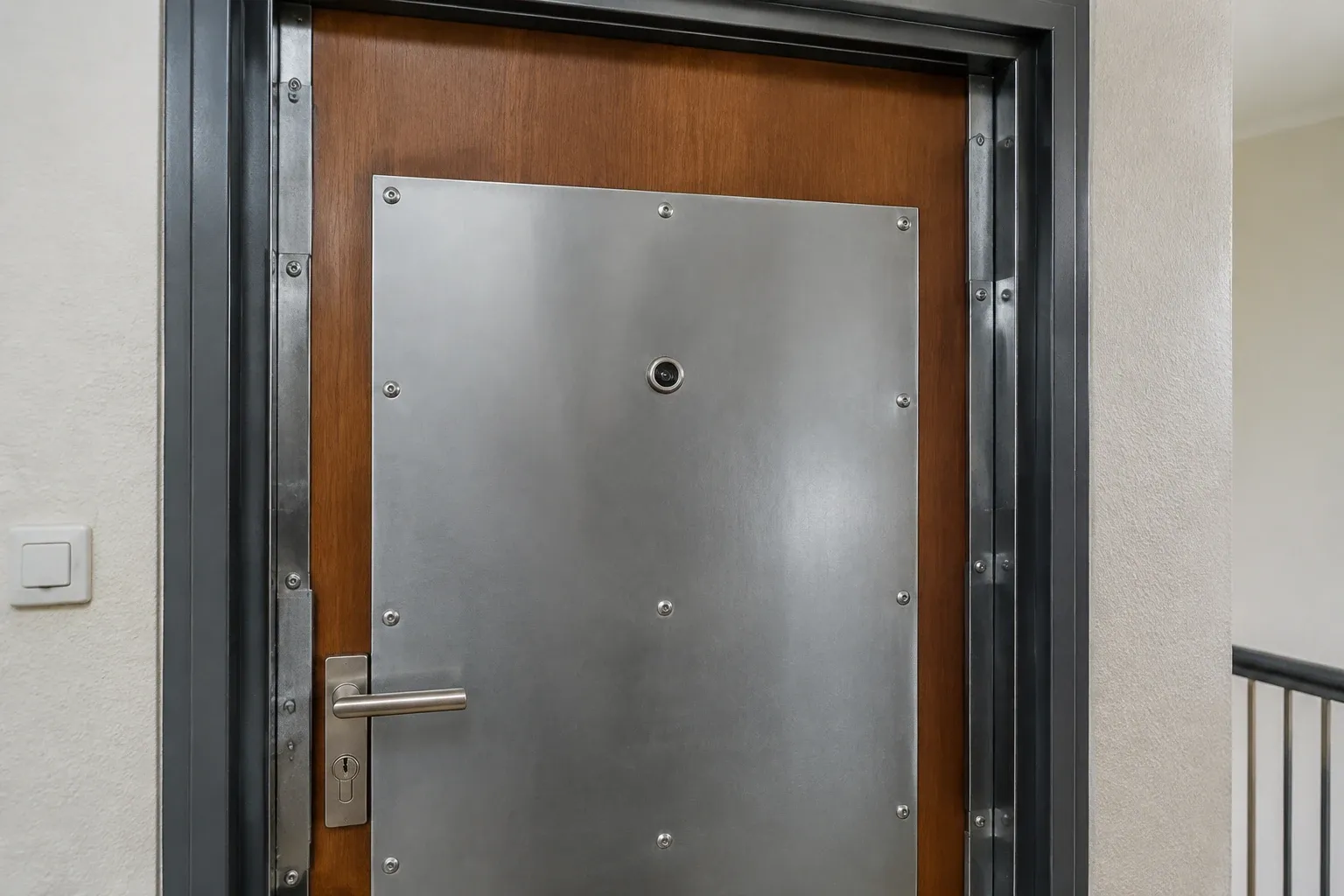 Porte en bois avec plaque métallique renforcée, judas, poignée et huisserie métallique