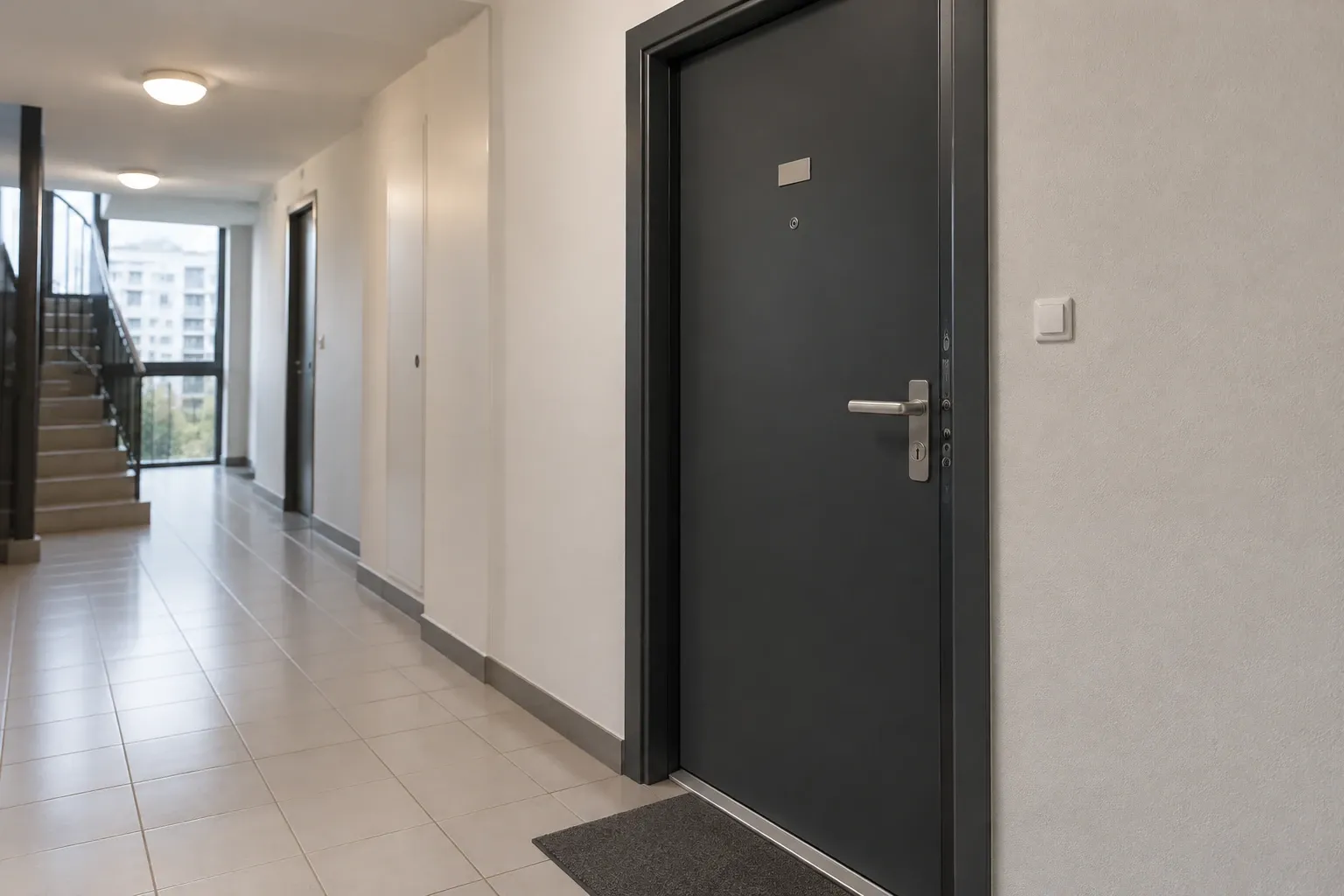 Porte palière blindée anthracite dans le couloir d’une résidence de Bobigny