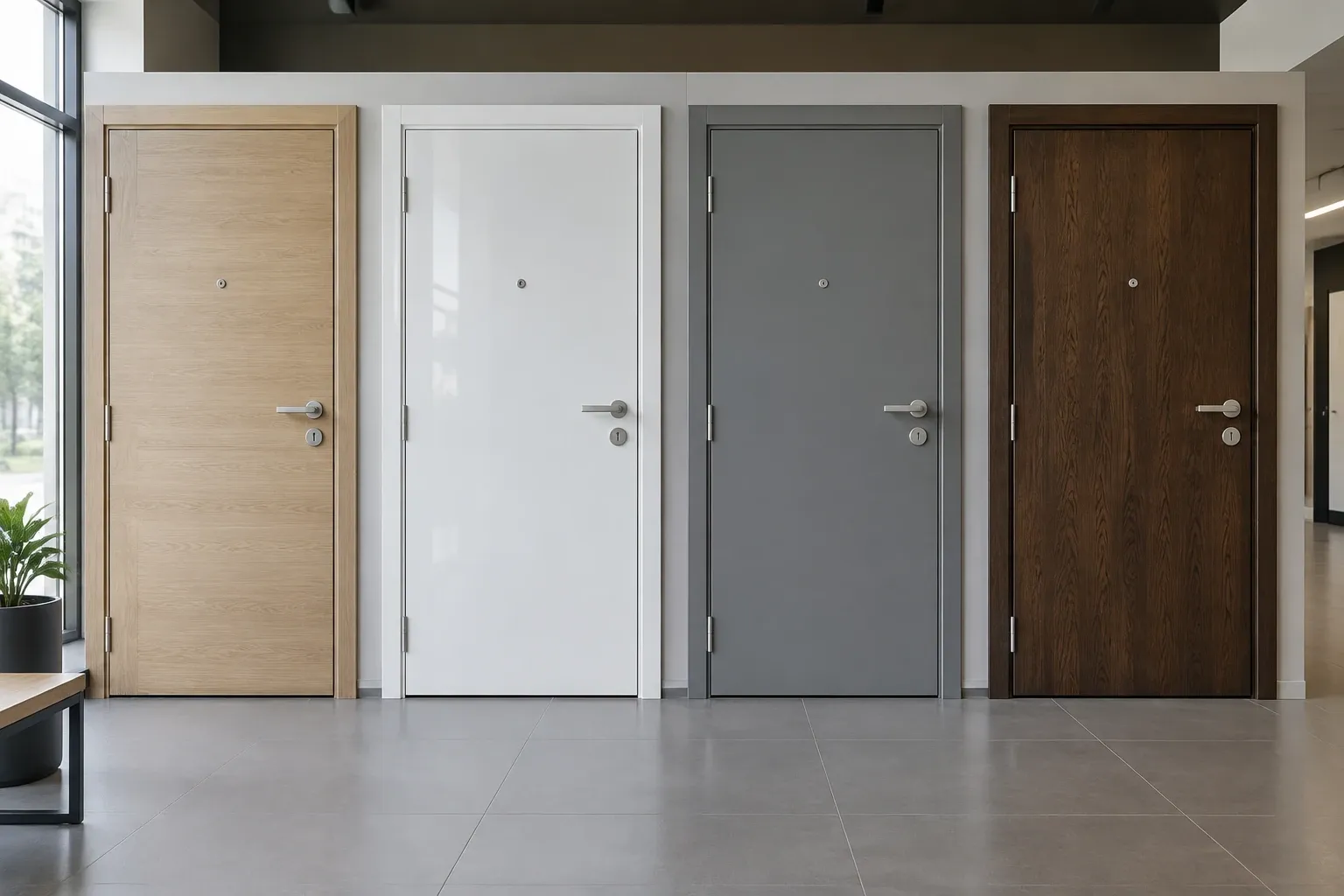 Quatre portes blindées alignées en bois clair, blanc, gris et bois foncé