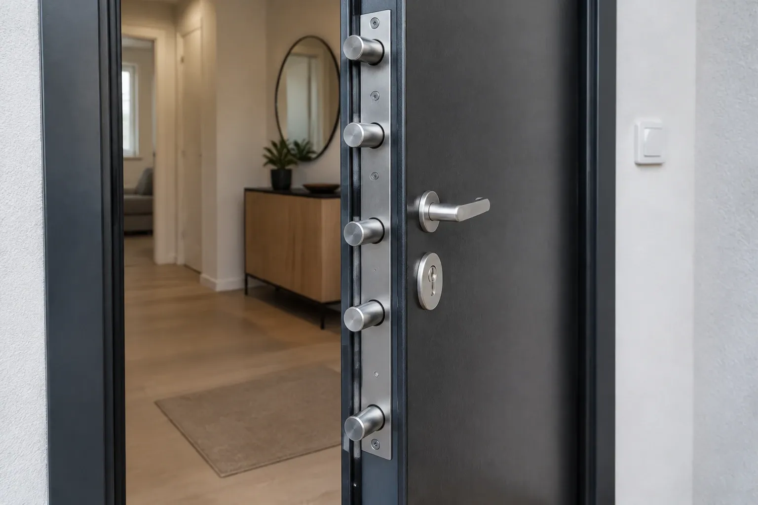 Porte blindée ouverte montrant serrure multipoints métalliques et intérieur d'entrée éclairé