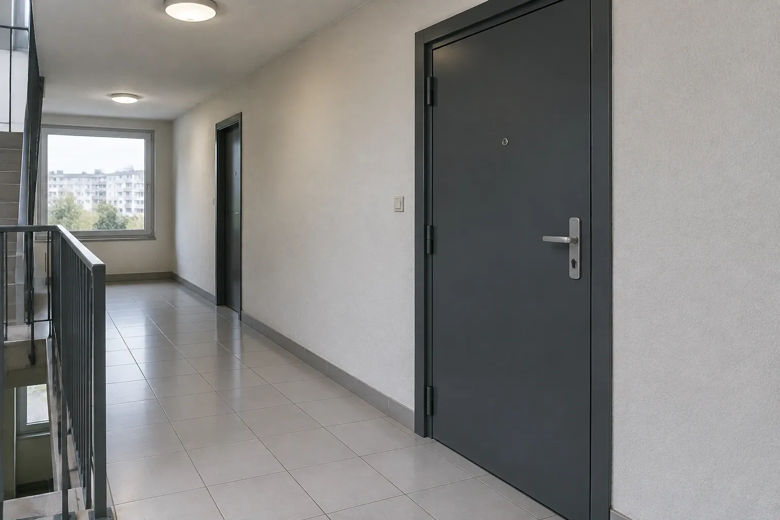 Couloir d'immeuble lumineux avec porte blindée grise fermée et rampe métallique
