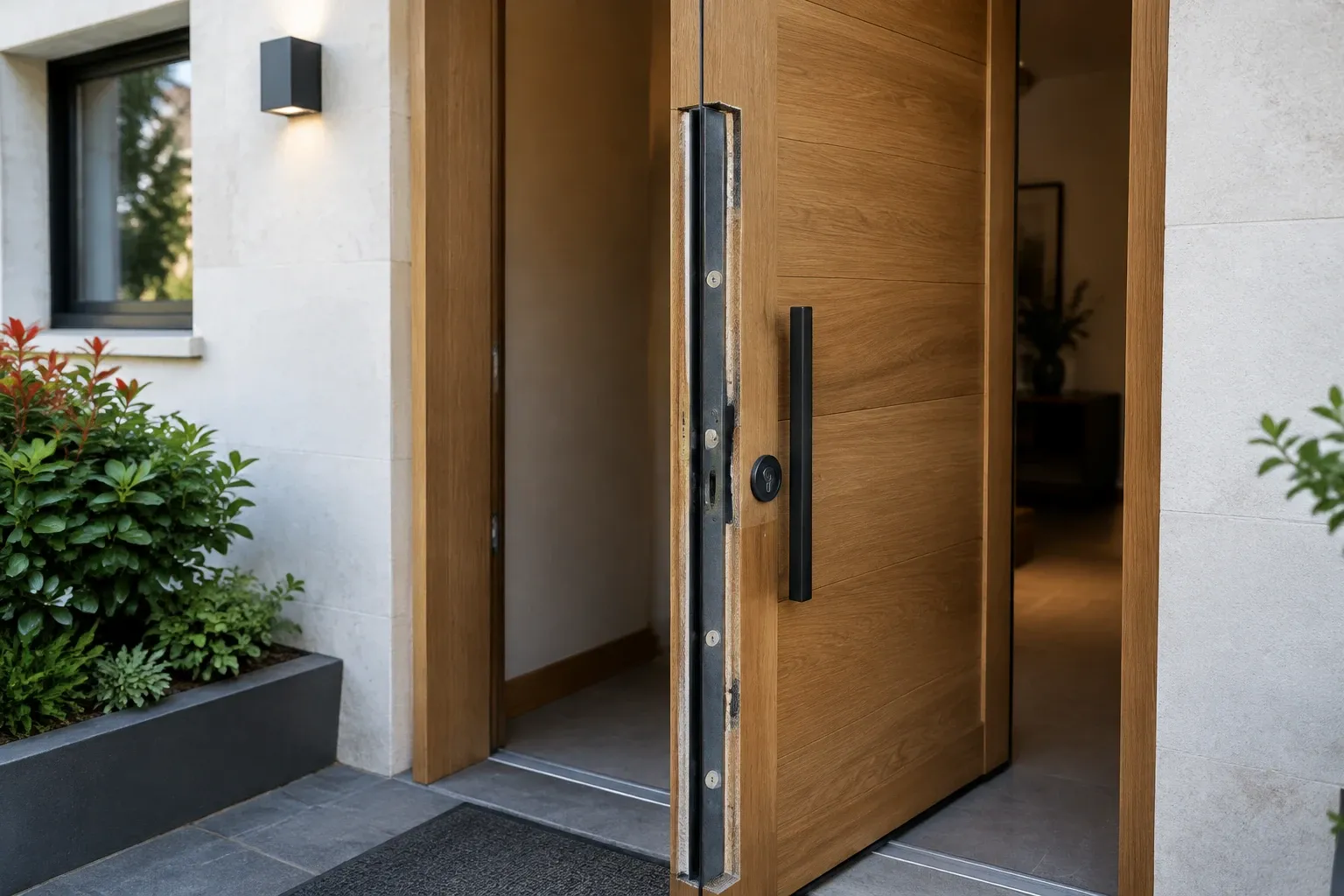 Porte blindée bois ouverte montrant chant en acier, poignée noire, paillasson et plantes