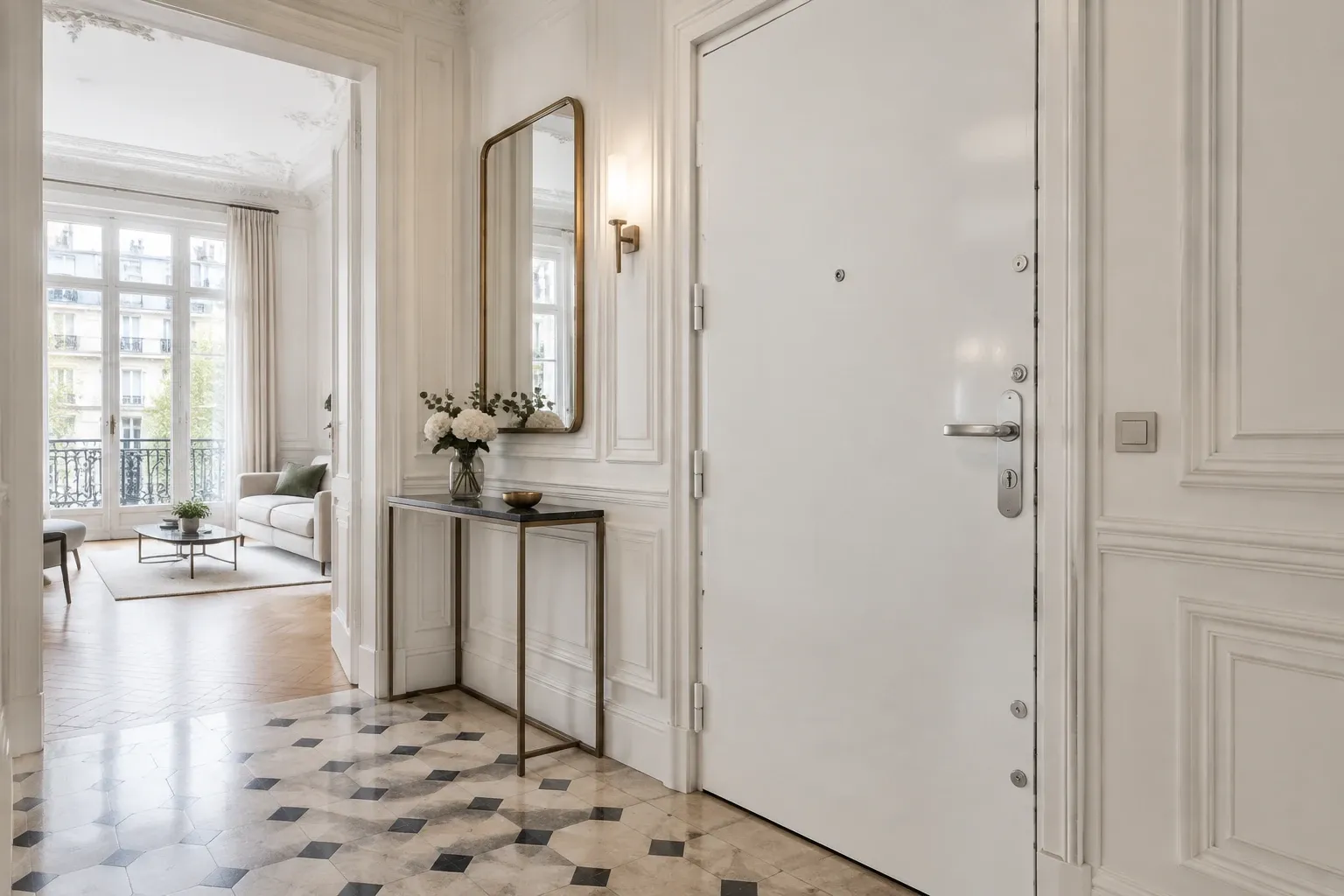 Entrée d'appartement haussmannien avec porte blindée blanche et console décorée de fleurs