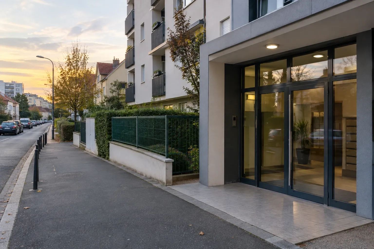 Entrée d'immeuble résidentiel vitrée la nuit, trottoir calme et voitures stationnées